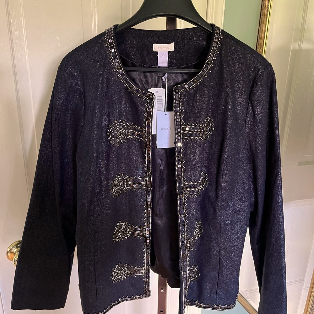 Chicos black cotton lined embellished jacket NWT❣️